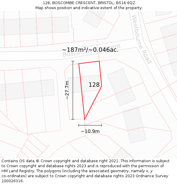 128, BOSCOMBE CRESCENT, BRISTOL, BS16 6QZ: Plot and title map