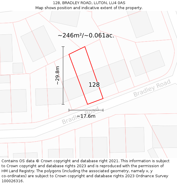 128, BRADLEY ROAD, LUTON, LU4 0AS: Plot and title map
