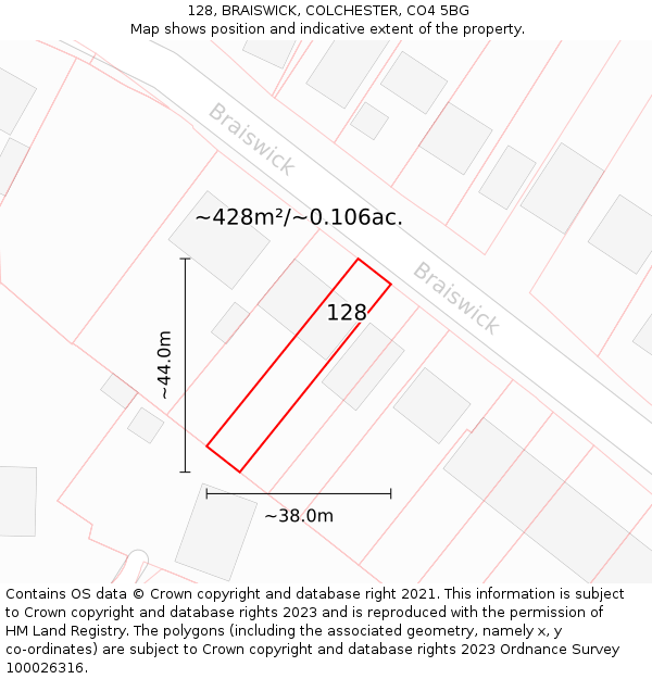 128, BRAISWICK, COLCHESTER, CO4 5BG: Plot and title map