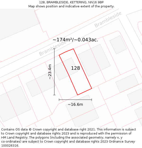 128, BRAMBLESIDE, KETTERING, NN16 9BP: Plot and title map