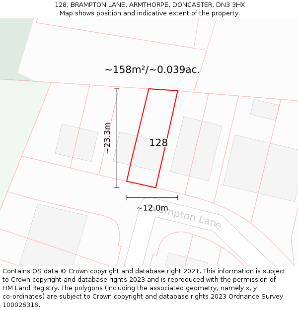 128, BRAMPTON LANE, ARMTHORPE, DONCASTER, DN3 3HX: Plot and title map