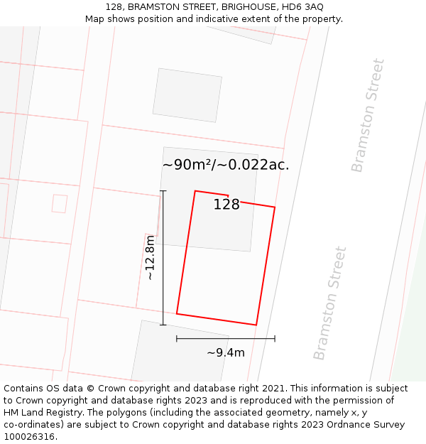 128, BRAMSTON STREET, BRIGHOUSE, HD6 3AQ: Plot and title map