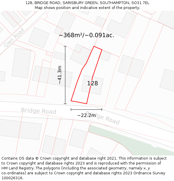 128, BRIDGE ROAD, SARISBURY GREEN, SOUTHAMPTON, SO31 7EL: Plot and title map