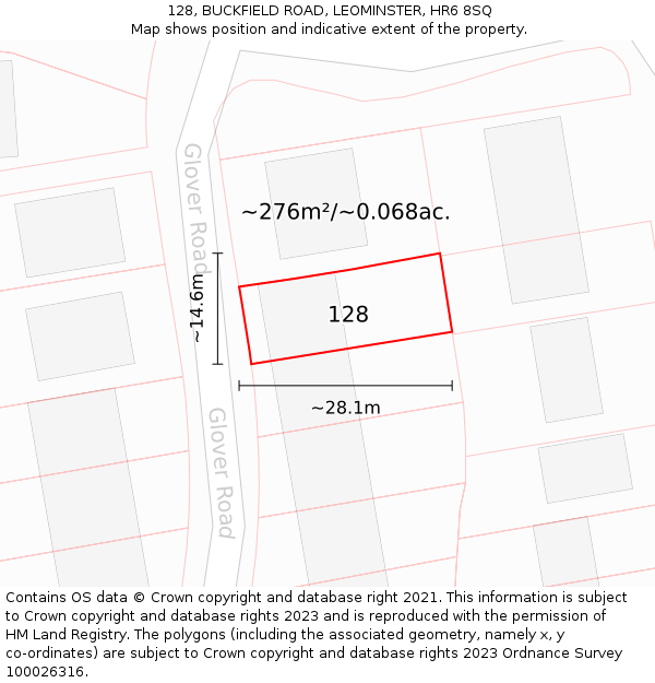 128, BUCKFIELD ROAD, LEOMINSTER, HR6 8SQ: Plot and title map