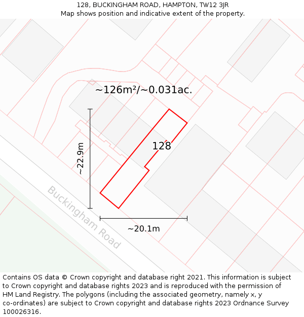 128, BUCKINGHAM ROAD, HAMPTON, TW12 3JR: Plot and title map