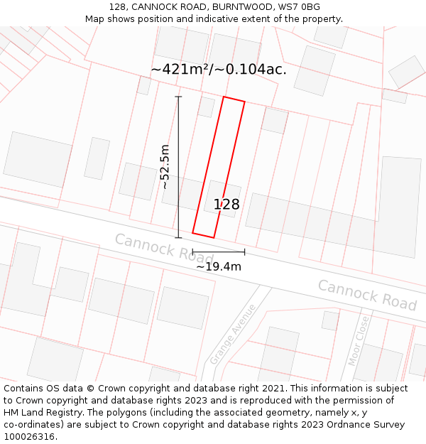 128, CANNOCK ROAD, BURNTWOOD, WS7 0BG: Plot and title map
