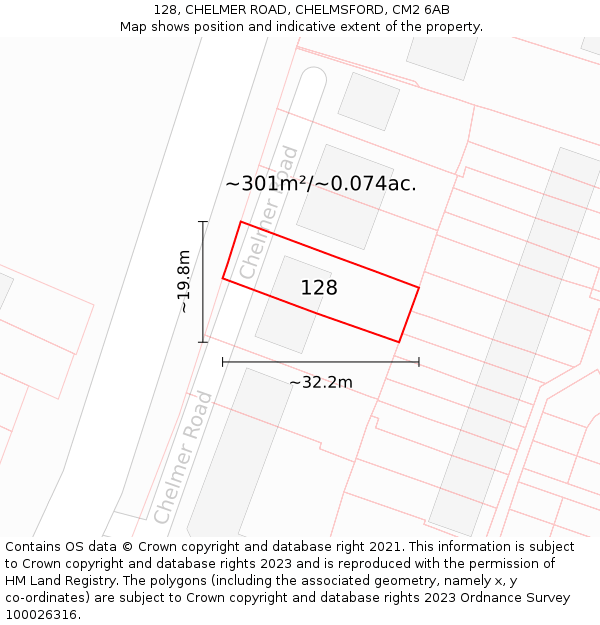 128, CHELMER ROAD, CHELMSFORD, CM2 6AB: Plot and title map