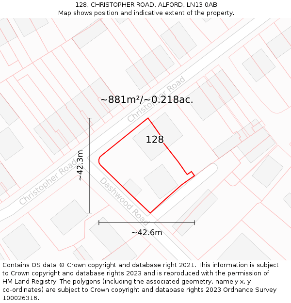 128, CHRISTOPHER ROAD, ALFORD, LN13 0AB: Plot and title map