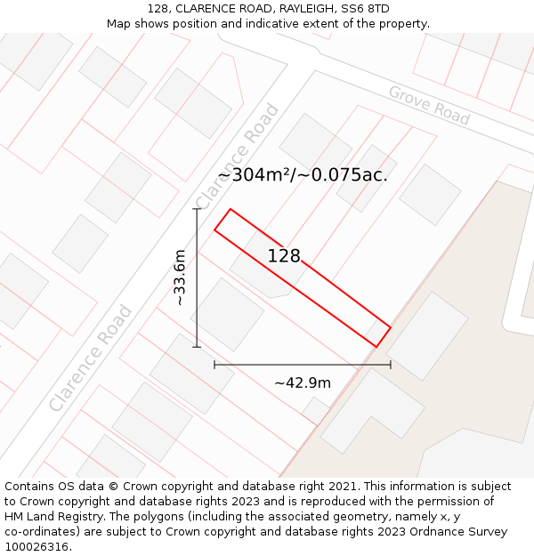 128, CLARENCE ROAD, RAYLEIGH, SS6 8TD: Plot and title map