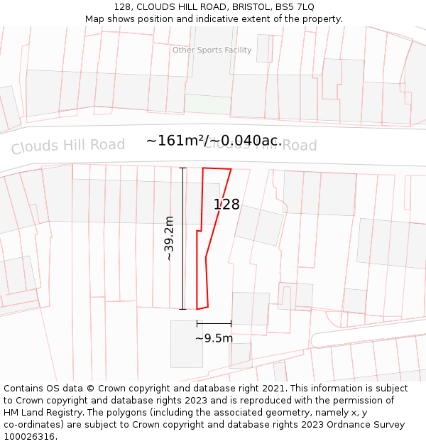 128, CLOUDS HILL ROAD, BRISTOL, BS5 7LQ: Plot and title map
