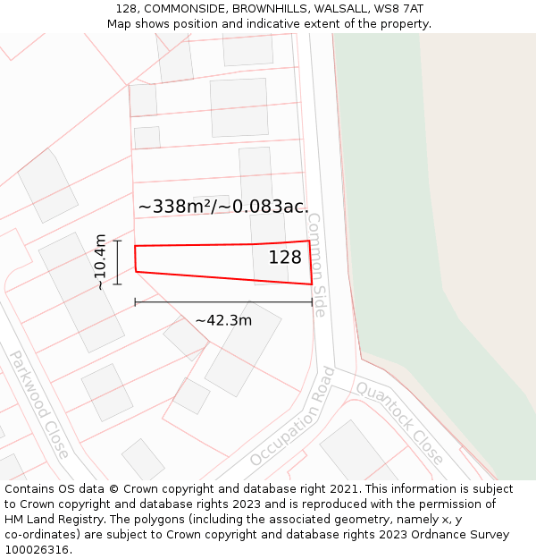128, COMMONSIDE, BROWNHILLS, WALSALL, WS8 7AT: Plot and title map