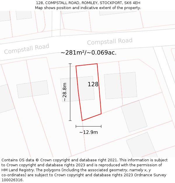 128, COMPSTALL ROAD, ROMILEY, STOCKPORT, SK6 4EH: Plot and title map