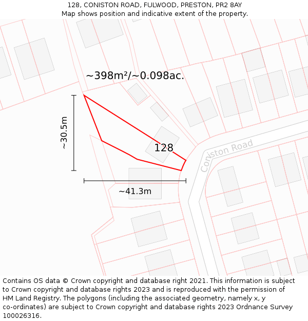 128, CONISTON ROAD, FULWOOD, PRESTON, PR2 8AY: Plot and title map