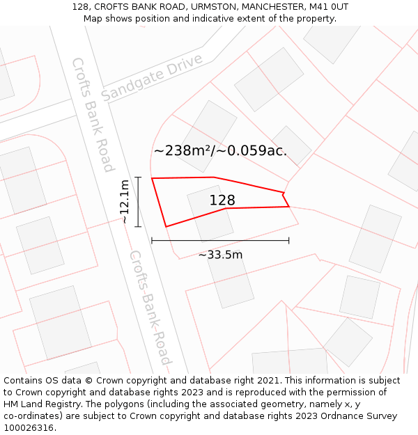 128, CROFTS BANK ROAD, URMSTON, MANCHESTER, M41 0UT: Plot and title map