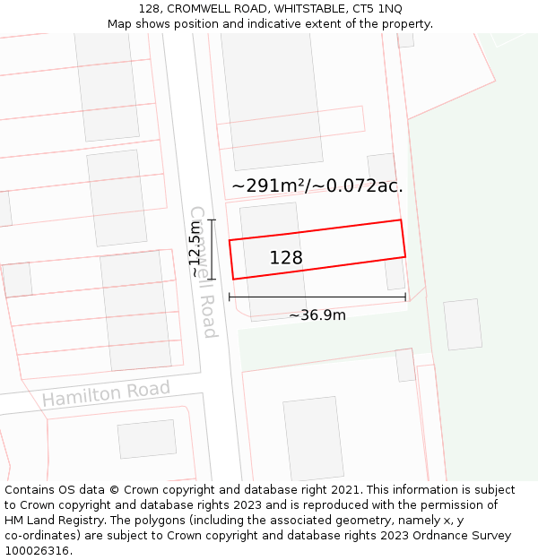 128, CROMWELL ROAD, WHITSTABLE, CT5 1NQ: Plot and title map