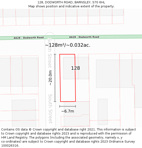 128, DODWORTH ROAD, BARNSLEY, S70 6HL: Plot and title map