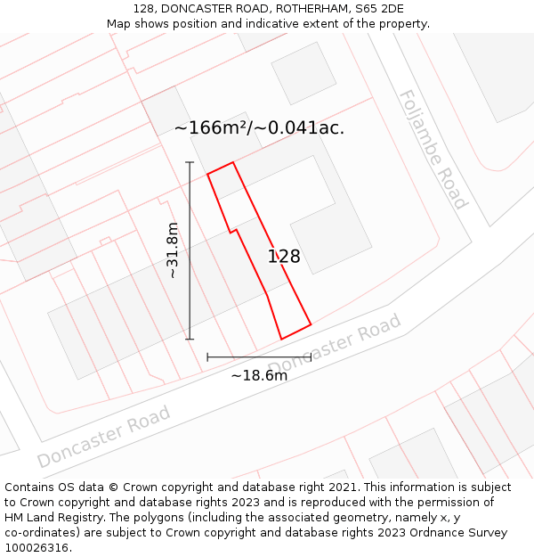 128, DONCASTER ROAD, ROTHERHAM, S65 2DE: Plot and title map