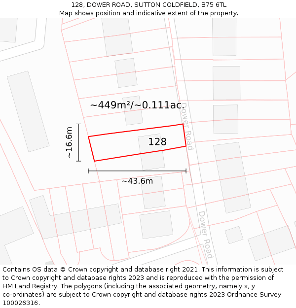 128, DOWER ROAD, SUTTON COLDFIELD, B75 6TL: Plot and title map
