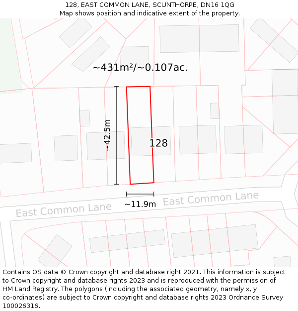 128, EAST COMMON LANE, SCUNTHORPE, DN16 1QG: Plot and title map