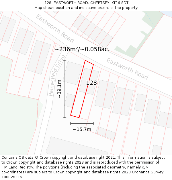 128, EASTWORTH ROAD, CHERTSEY, KT16 8DT: Plot and title map
