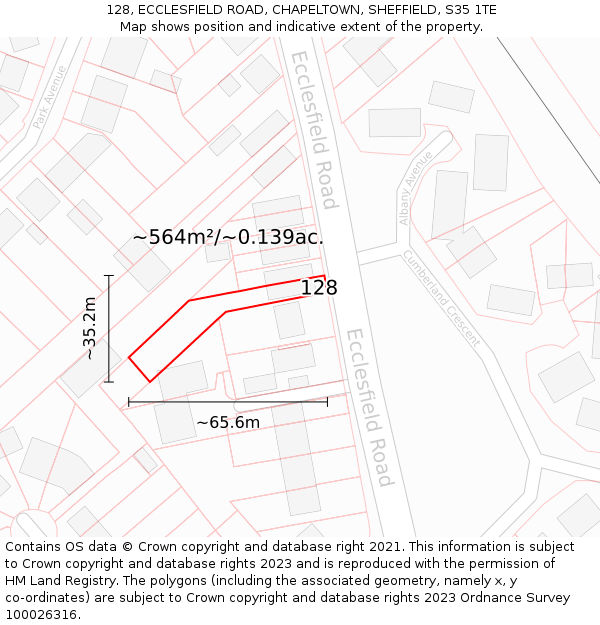 128, ECCLESFIELD ROAD, CHAPELTOWN, SHEFFIELD, S35 1TE: Plot and title map