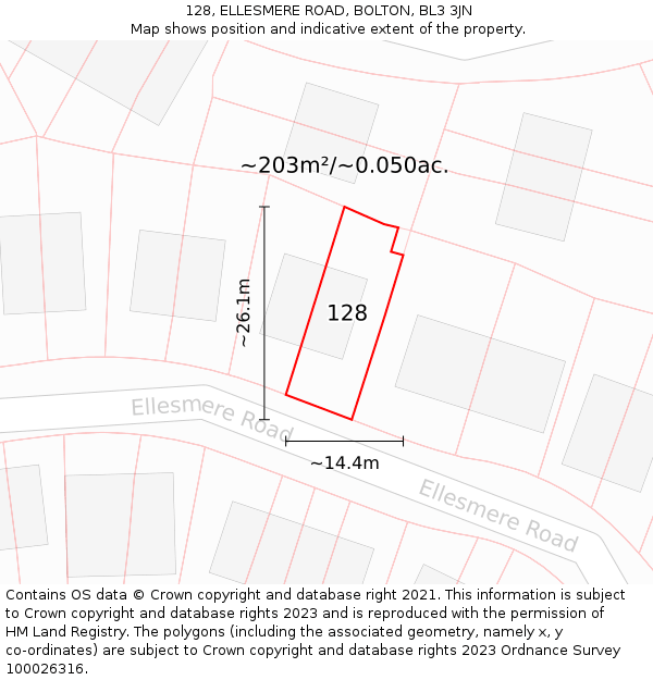 128, ELLESMERE ROAD, BOLTON, BL3 3JN: Plot and title map