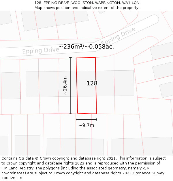 128, EPPING DRIVE, WOOLSTON, WARRINGTON, WA1 4QN: Plot and title map