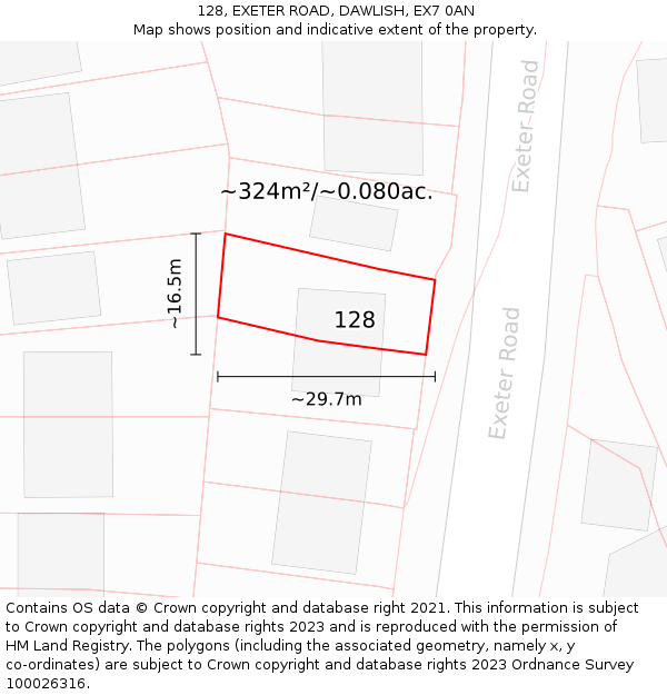 128, EXETER ROAD, DAWLISH, EX7 0AN: Plot and title map