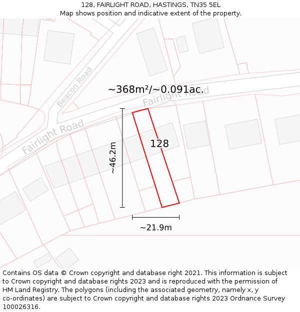 128, FAIRLIGHT ROAD, HASTINGS, TN35 5EL: Plot and title map