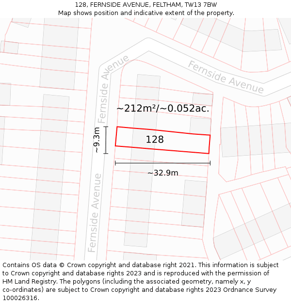 128, FERNSIDE AVENUE, FELTHAM, TW13 7BW: Plot and title map