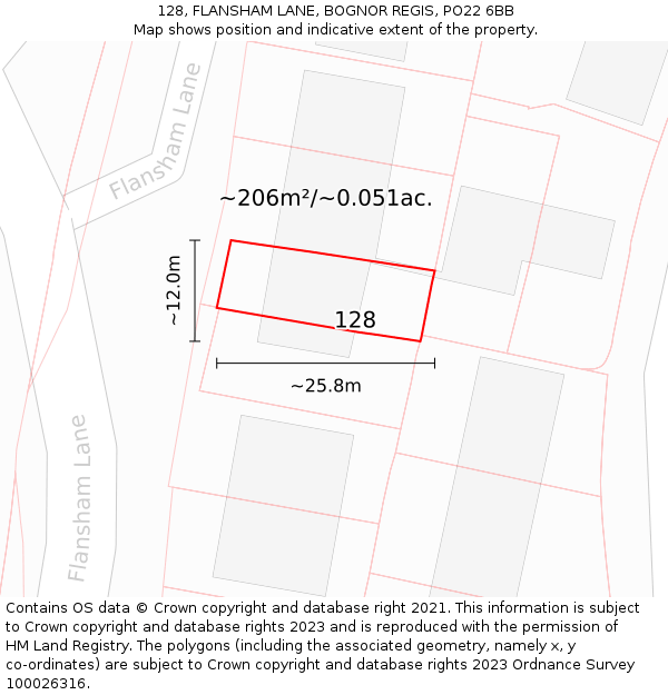 128, FLANSHAM LANE, BOGNOR REGIS, PO22 6BB: Plot and title map