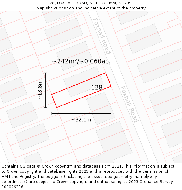128, FOXHALL ROAD, NOTTINGHAM, NG7 6LH: Plot and title map