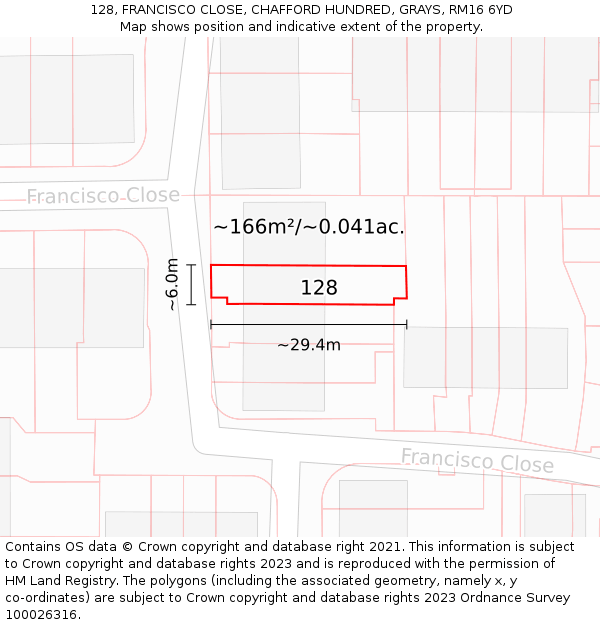 128, FRANCISCO CLOSE, CHAFFORD HUNDRED, GRAYS, RM16 6YD: Plot and title map