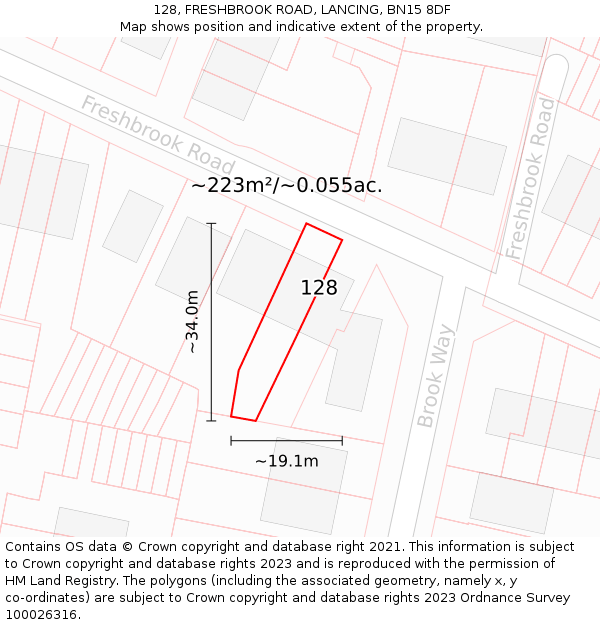 128, FRESHBROOK ROAD, LANCING, BN15 8DF: Plot and title map