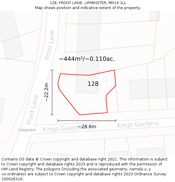 128, FRONT LANE, UPMINSTER, RM14 1LL: Plot and title map