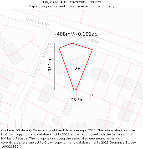 128, GAIN LANE, BRADFORD, BD3 7DS: Plot and title map