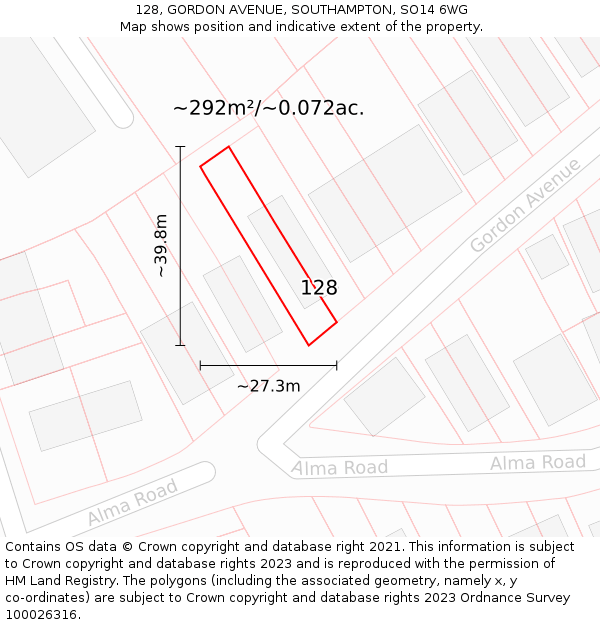 128, GORDON AVENUE, SOUTHAMPTON, SO14 6WG: Plot and title map