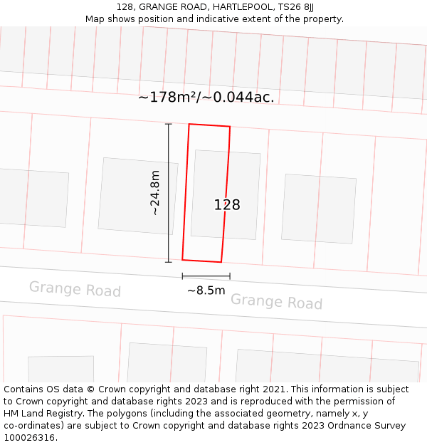 128, GRANGE ROAD, HARTLEPOOL, TS26 8JJ: Plot and title map