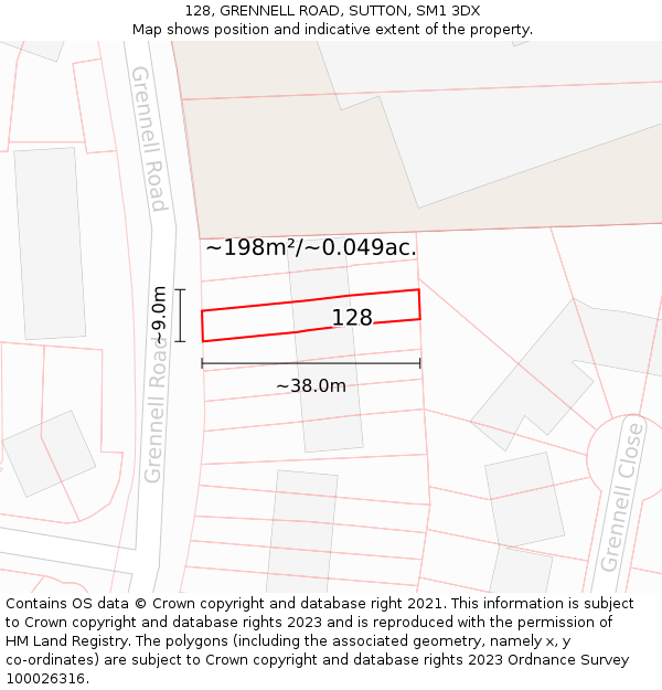 128, GRENNELL ROAD, SUTTON, SM1 3DX: Plot and title map