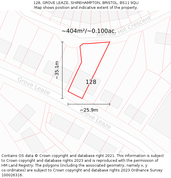 128, GROVE LEAZE, SHIREHAMPTON, BRISTOL, BS11 9QU: Plot and title map