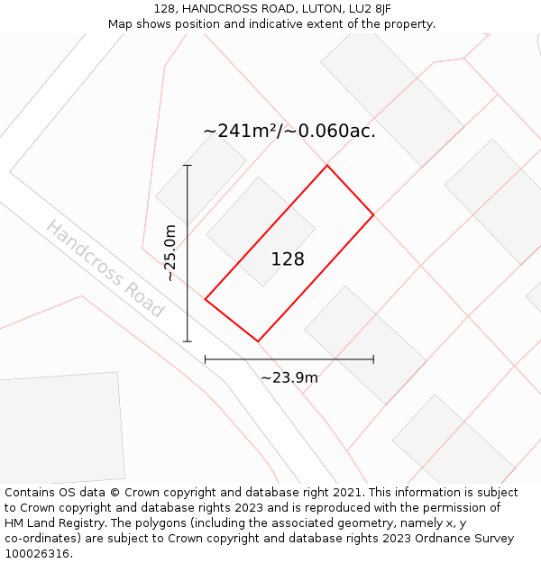 128, HANDCROSS ROAD, LUTON, LU2 8JF: Plot and title map