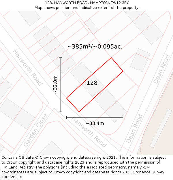 128, HANWORTH ROAD, HAMPTON, TW12 3EY: Plot and title map