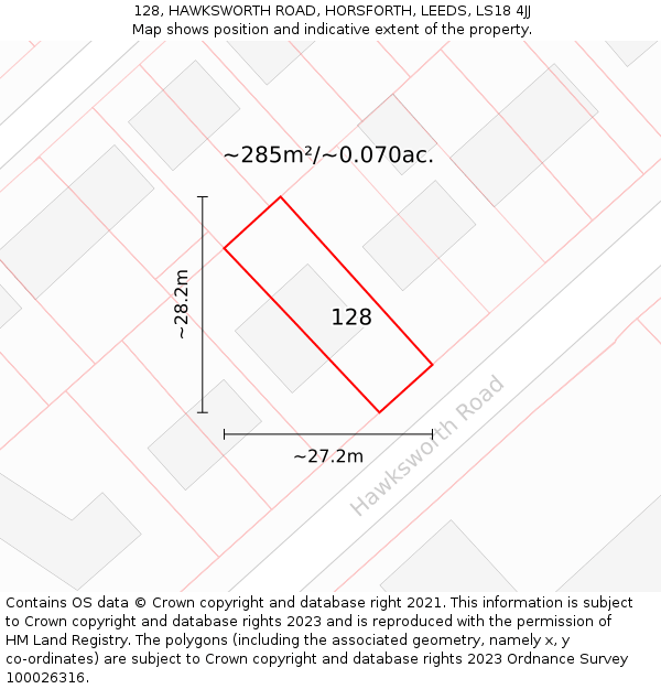 128, HAWKSWORTH ROAD, HORSFORTH, LEEDS, LS18 4JJ: Plot and title map