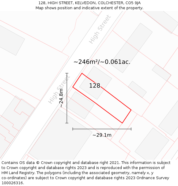 128, HIGH STREET, KELVEDON, COLCHESTER, CO5 9JA: Plot and title map