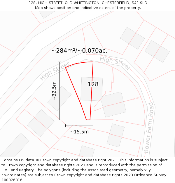 128, HIGH STREET, OLD WHITTINGTON, CHESTERFIELD, S41 9LD: Plot and title map