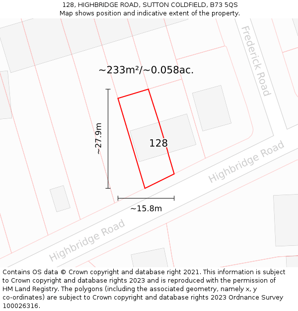 128, HIGHBRIDGE ROAD, SUTTON COLDFIELD, B73 5QS: Plot and title map