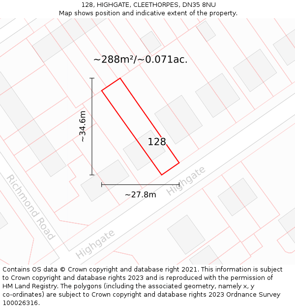 128, HIGHGATE, CLEETHORPES, DN35 8NU: Plot and title map