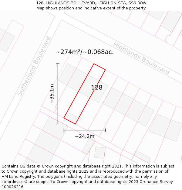 128, HIGHLANDS BOULEVARD, LEIGH-ON-SEA, SS9 3QW: Plot and title map