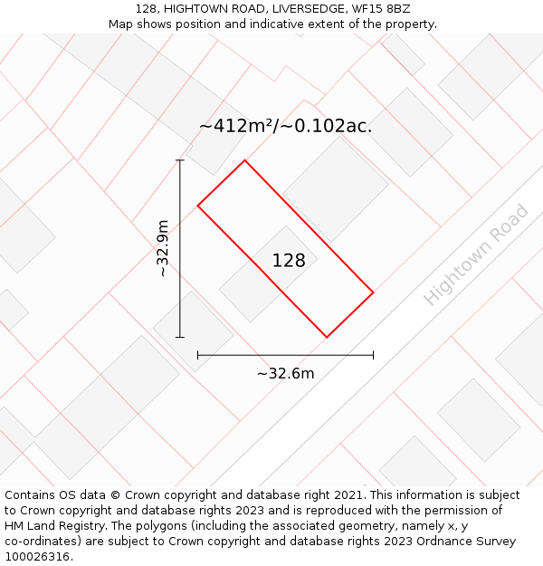 128, HIGHTOWN ROAD, LIVERSEDGE, WF15 8BZ: Plot and title map