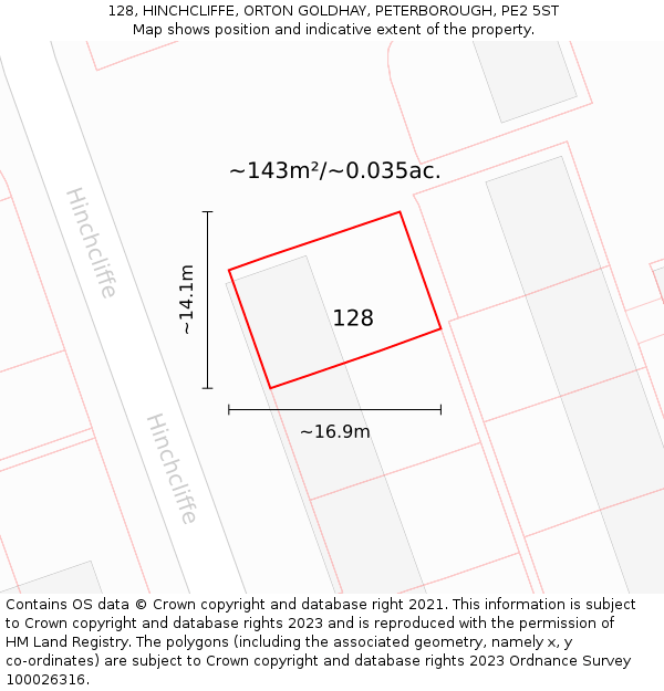 128, HINCHCLIFFE, ORTON GOLDHAY, PETERBOROUGH, PE2 5ST: Plot and title map
